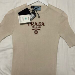 Prada  Beige Silk Crewneck Sweater with Logo